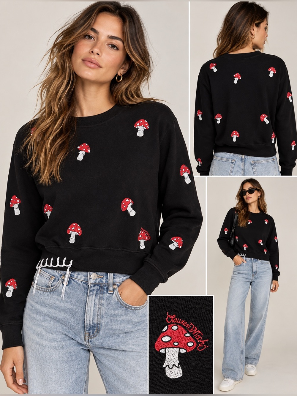 Lauren Moshi Spalding Mini Mushrooms Black Crop Sweatshirt XS Cottagecore